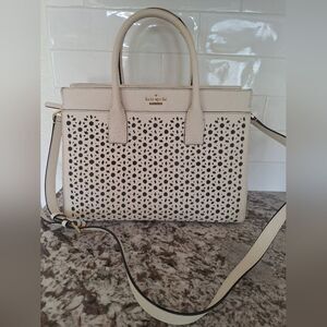 Kate Spade Cream Leather  Perforated Floral Tote Shoulder Bag, Crossbody